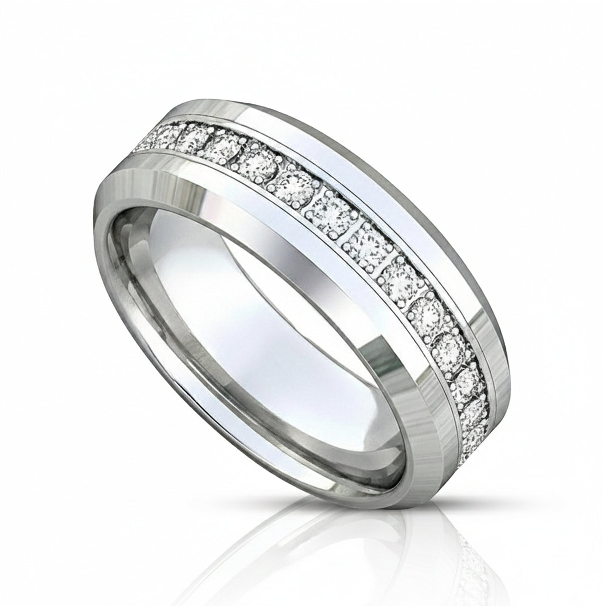 8mm - Tungsten Carbide Wedding Band Fully Stacked Cubic Zircon Beveled Edge Comfort Fit