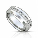 8mm - Tungsten Carbide Wedding Band Fully Stacked Cubic Zircon Beveled Edge Comfort Fit