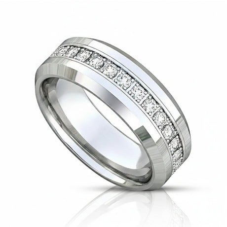 6mm - Tungsten Carbide Wedding Band Fully Stacked Cubic Zircon Beveled Edge Comfort Fit