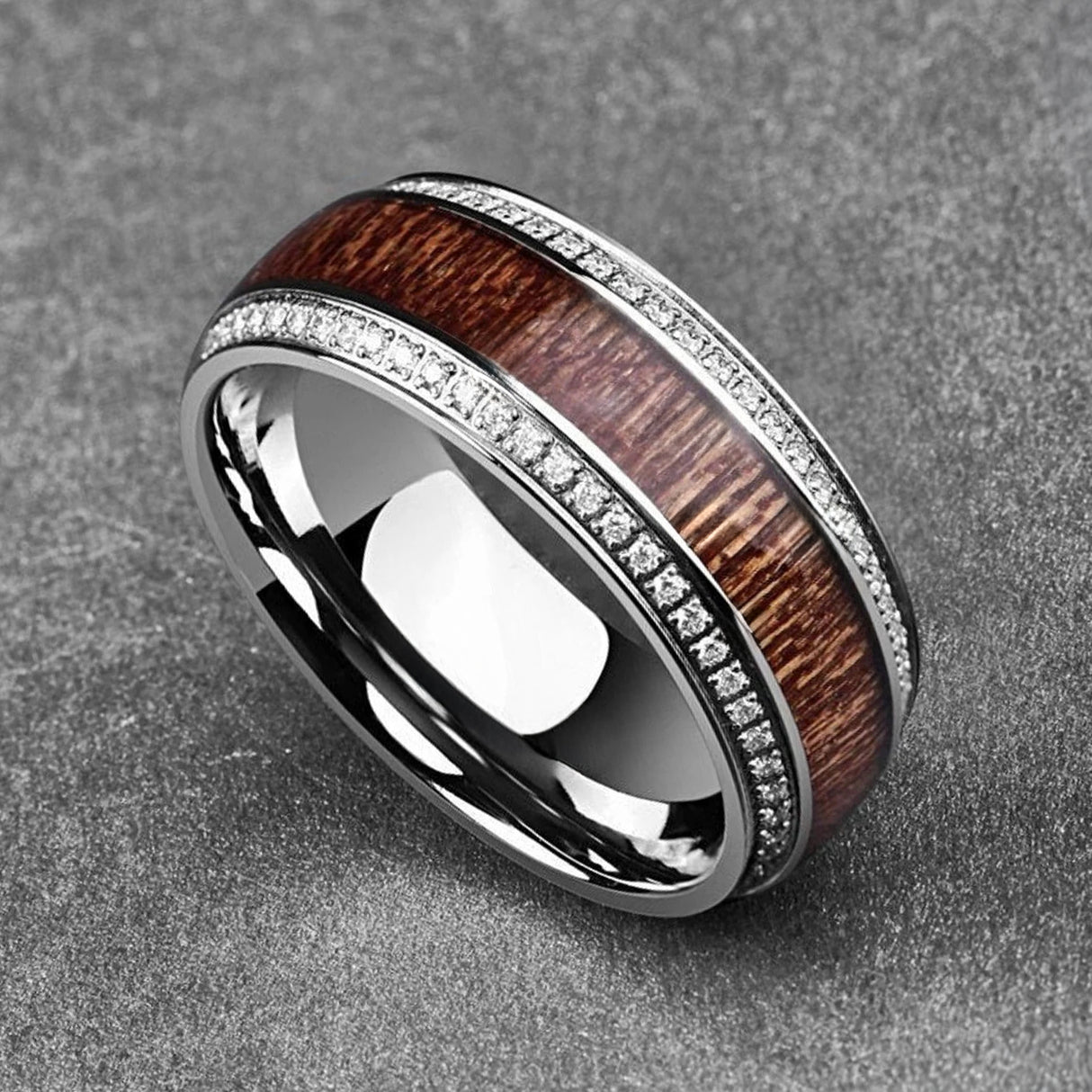 8mm - Mens Titanium Wedding Band W/ Koa wood and diamonds