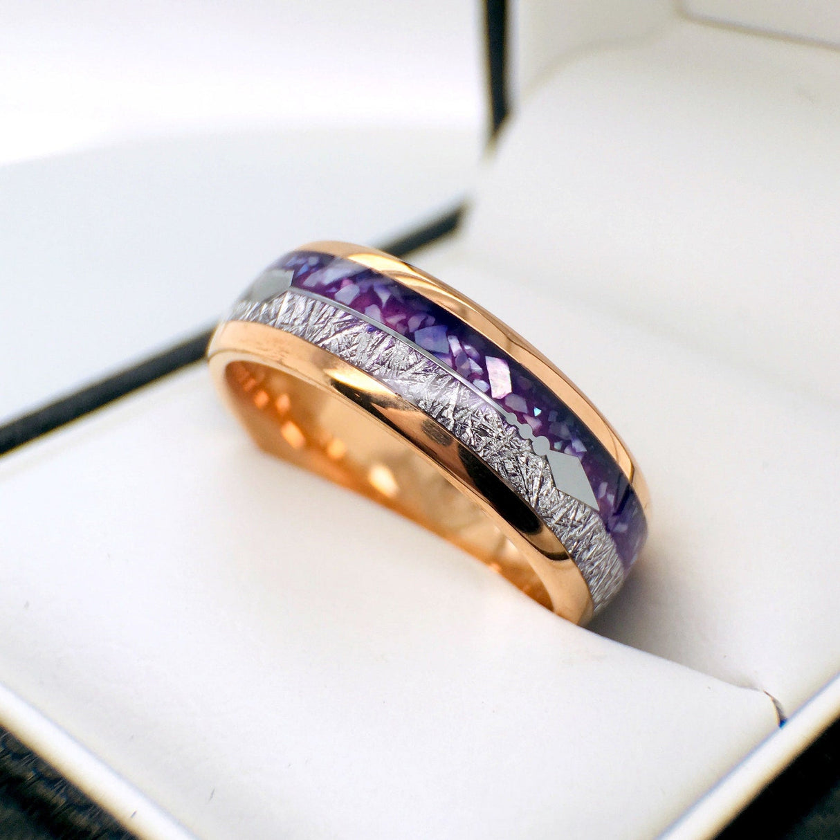 8mm- Rose Gold Arrow Ring, Tungsten Dome Ring, W/ Purple Agate & Meteorite Inlay