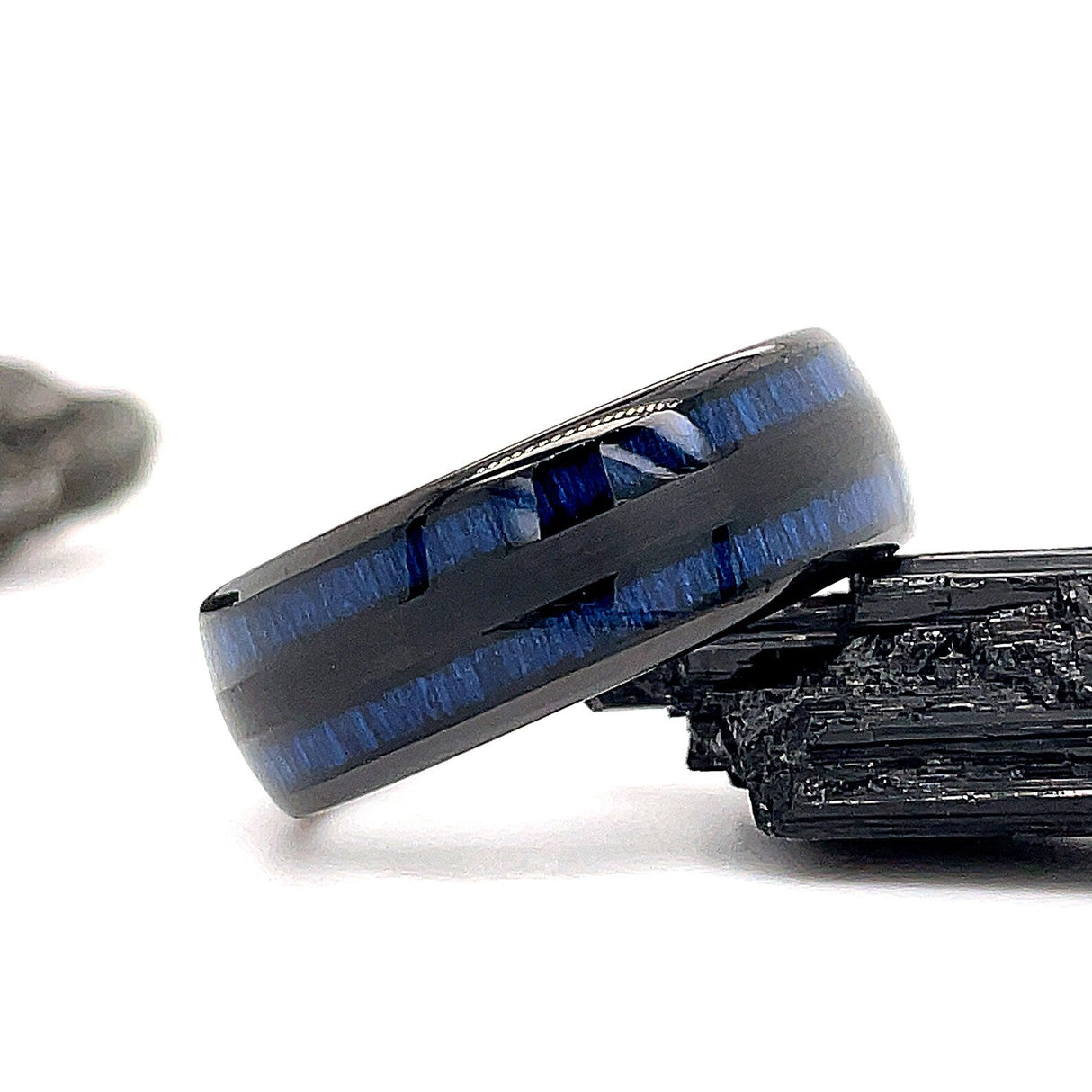 8mm - Tungsten Double Barrel Real Blue Wood Inlay Ring Wedding Band Dome