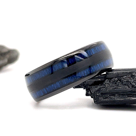 8mm - Tungsten Double Barrel Real Blue Wood Inlay Ring Wedding Band Dome