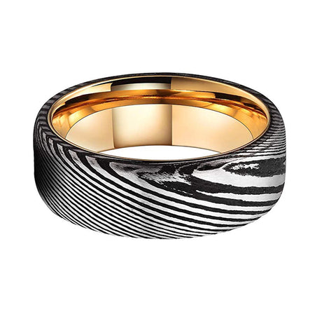Mens Damascus Steel Wedding Band Gold Interface Comfort Fit, Anniversary Ring, Engagement Ring, - 8mm