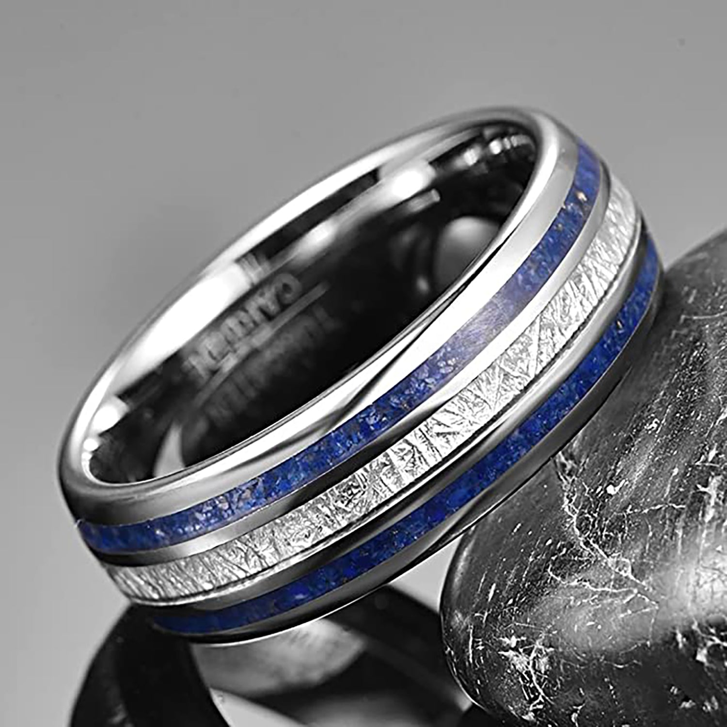 8mm - Mens Domed Tungsten Meteorite Ring, W/ Lapis Lazuli Inlay