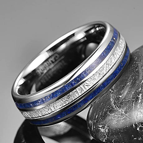 8mm - Mens Domed Tungsten Meteorite Ring, W/ Lapis Lazuli Inlay