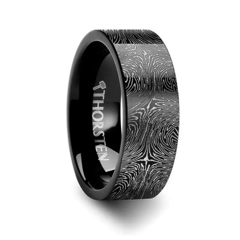 Damascus Steel Pattern Engraving Black Tungsten Engraved Ring - 10mm - 12mm