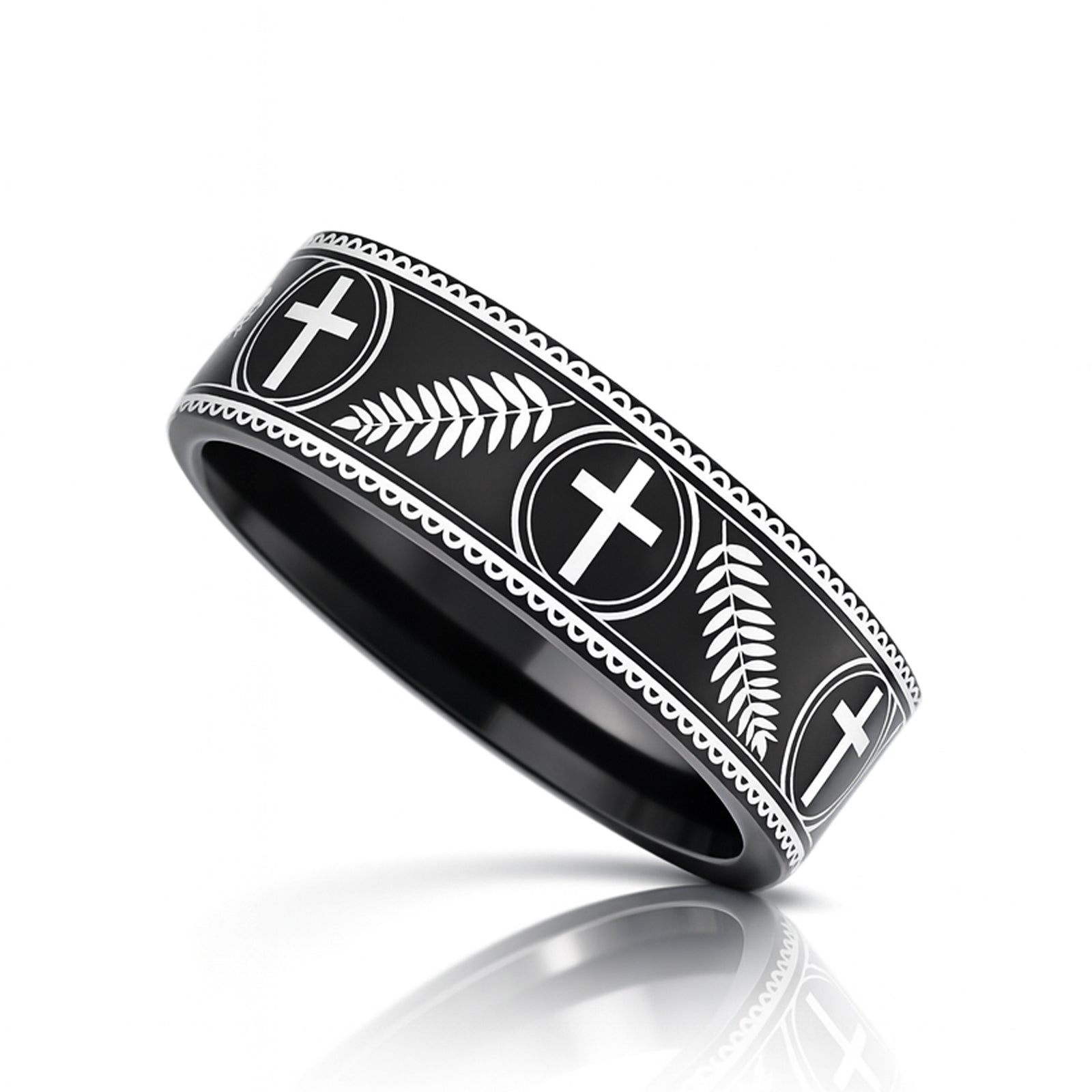 PALM BRANCHES on Black Flat Tungsten Carbide Ring