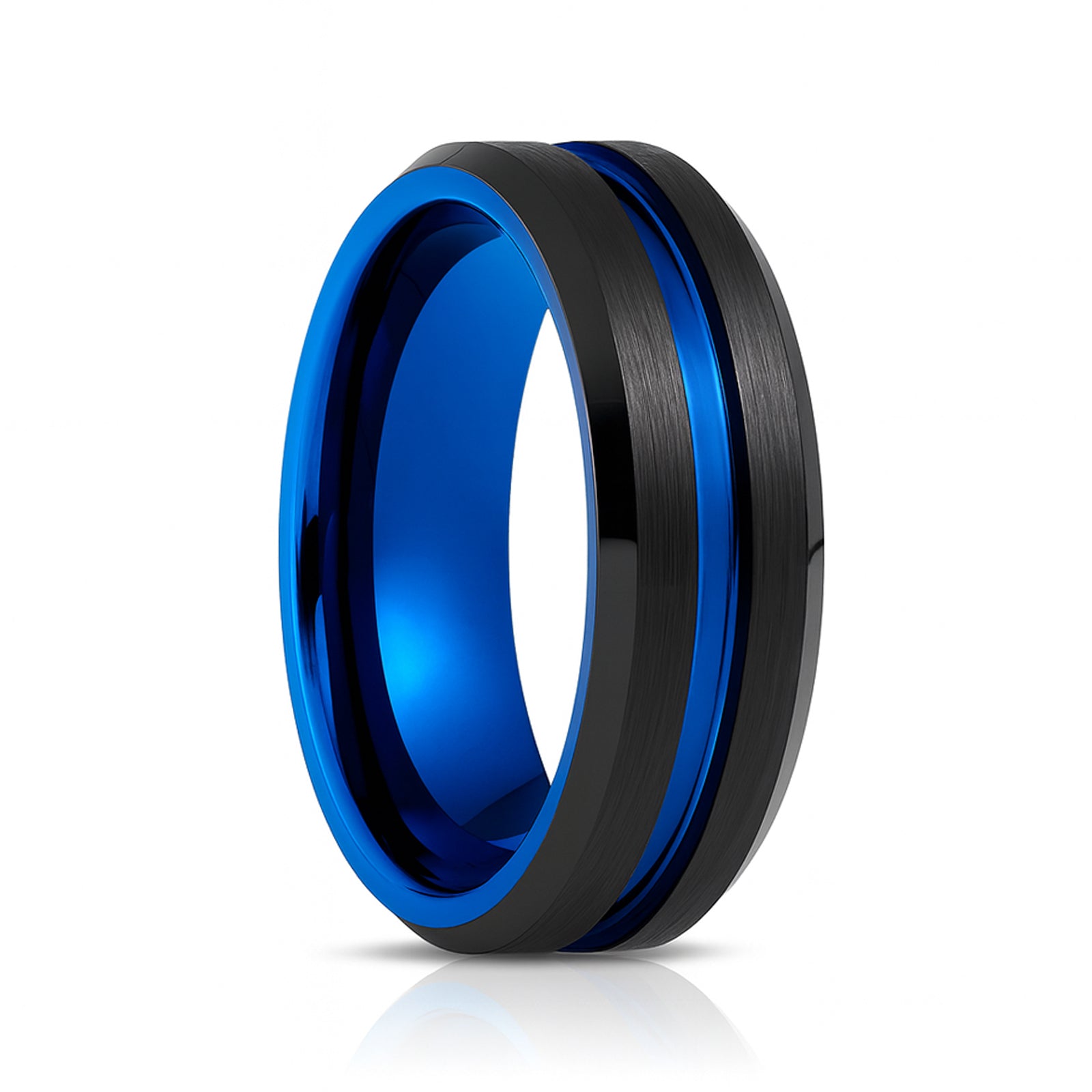 8mm - Black Blue Tungsten Carbide Ring Center Groove Beveled Edges Wedding Band