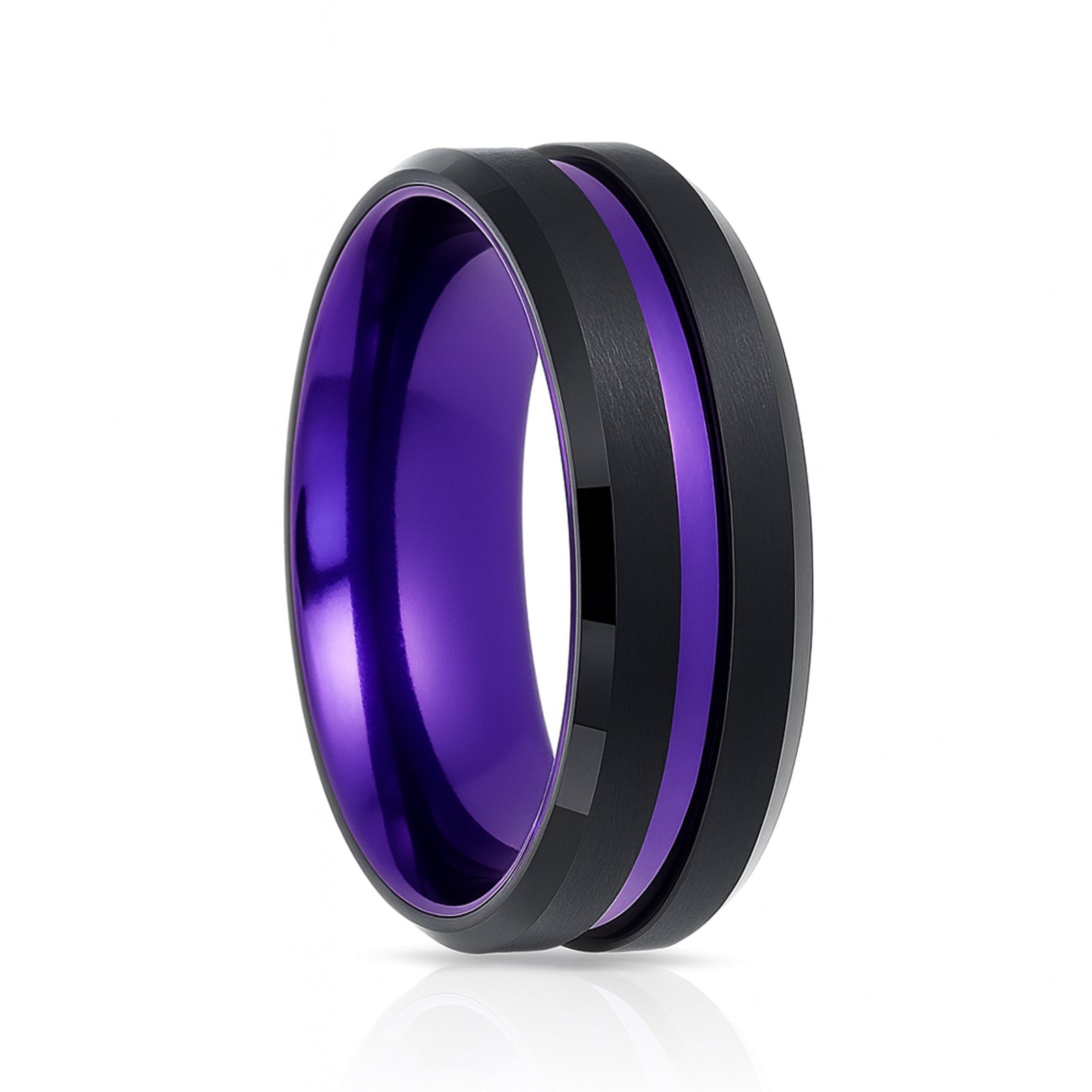 8mm - Black & Purple Tungsten Ring Matte Finish Beveled Edges Wedding Band Purple Inlay