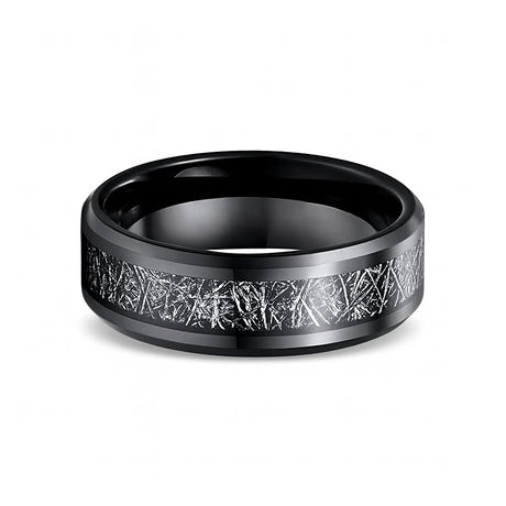 8mm - Tungsten wedding Rings W/ Black Meteorite Inlay Beveled Edges