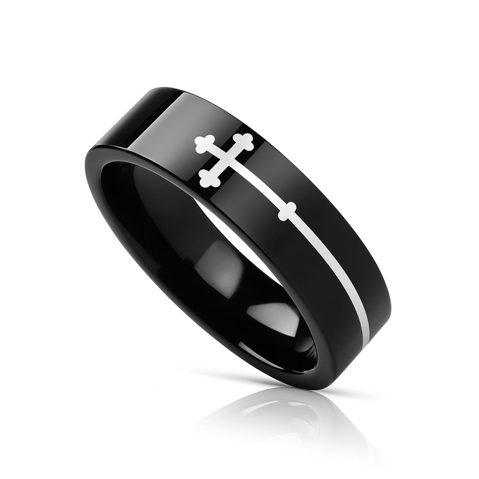 SIDEWAYS CROSS on Black Flat Tungsten Carbide Ring
