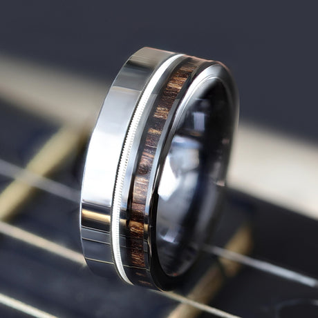 SLATE Tungsten & Black Ceramic Hybrid Ring with Steel Guitar String Ebony Wood and a Black Ceramic Interior - 8mm