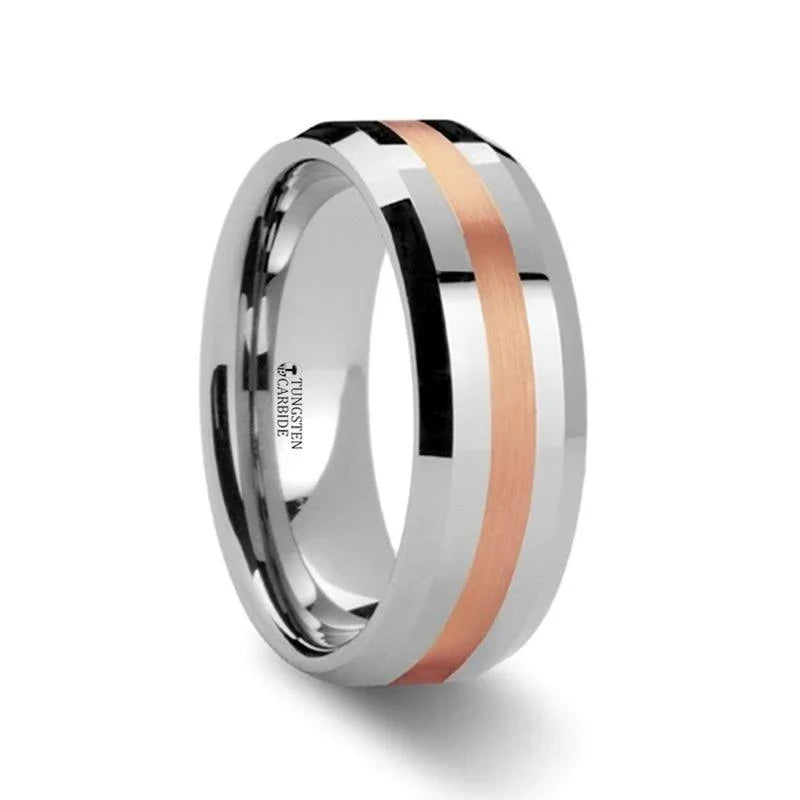 Churion Ring CHIRON Mens Silver Tungsten Wedding Band 2mm wide 14k Rose Gold Inlay ...