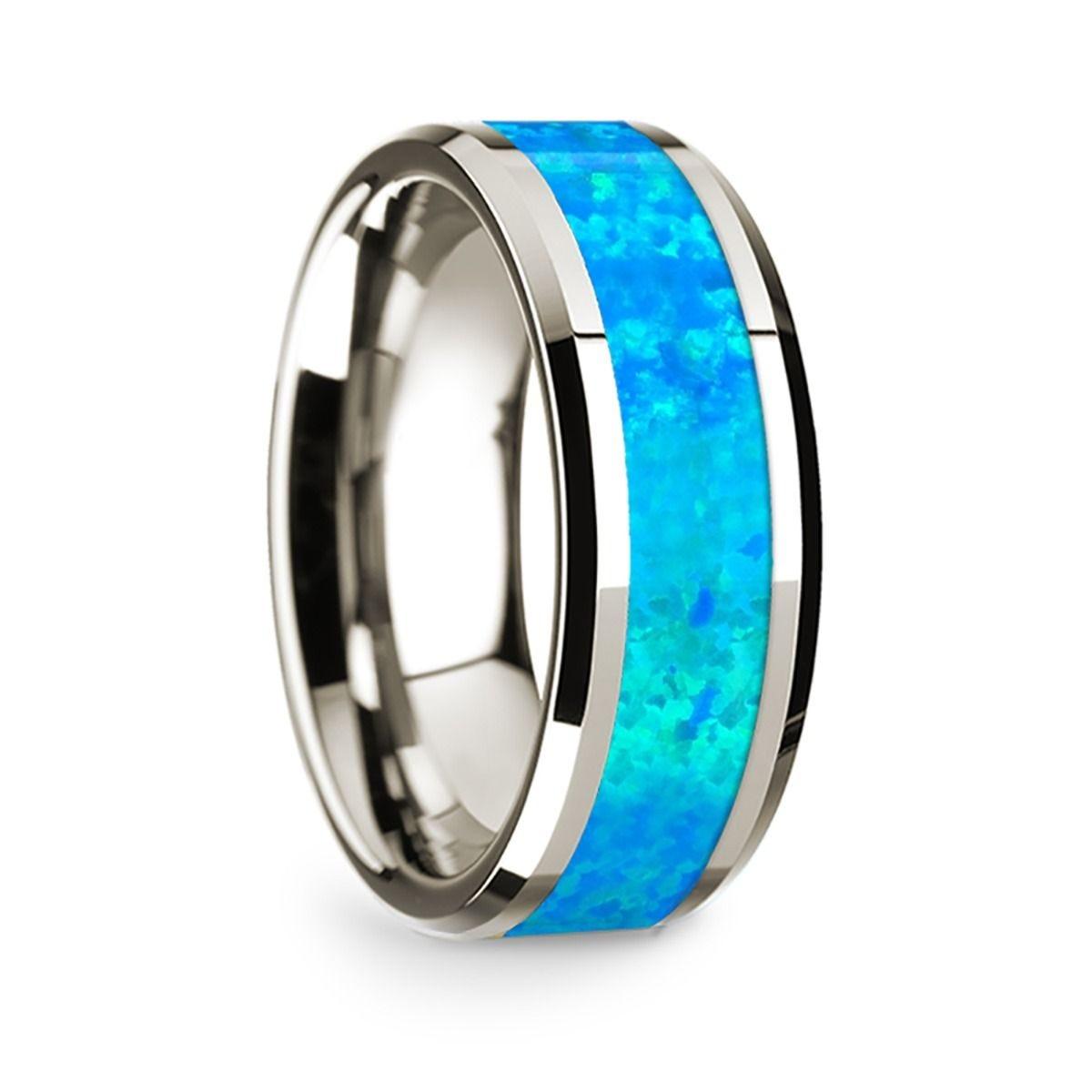 14k White Gold Polished Beveled Edges W/ Blue Opal Inlay - 8mm