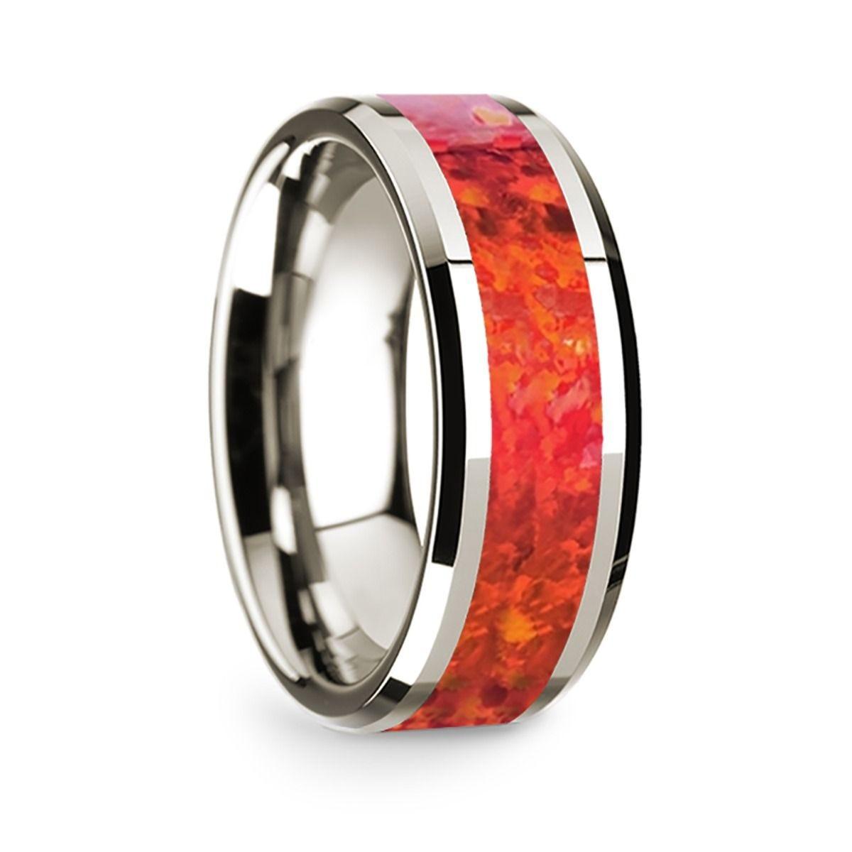 14k White Gold Polished Beveled Edges W/ Red Opal Inlay - 8 mm