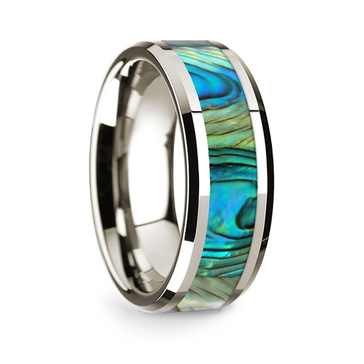 14k White Gold Polished Beveled Edges W/ Mother of Pearl Inlay - 8 mm