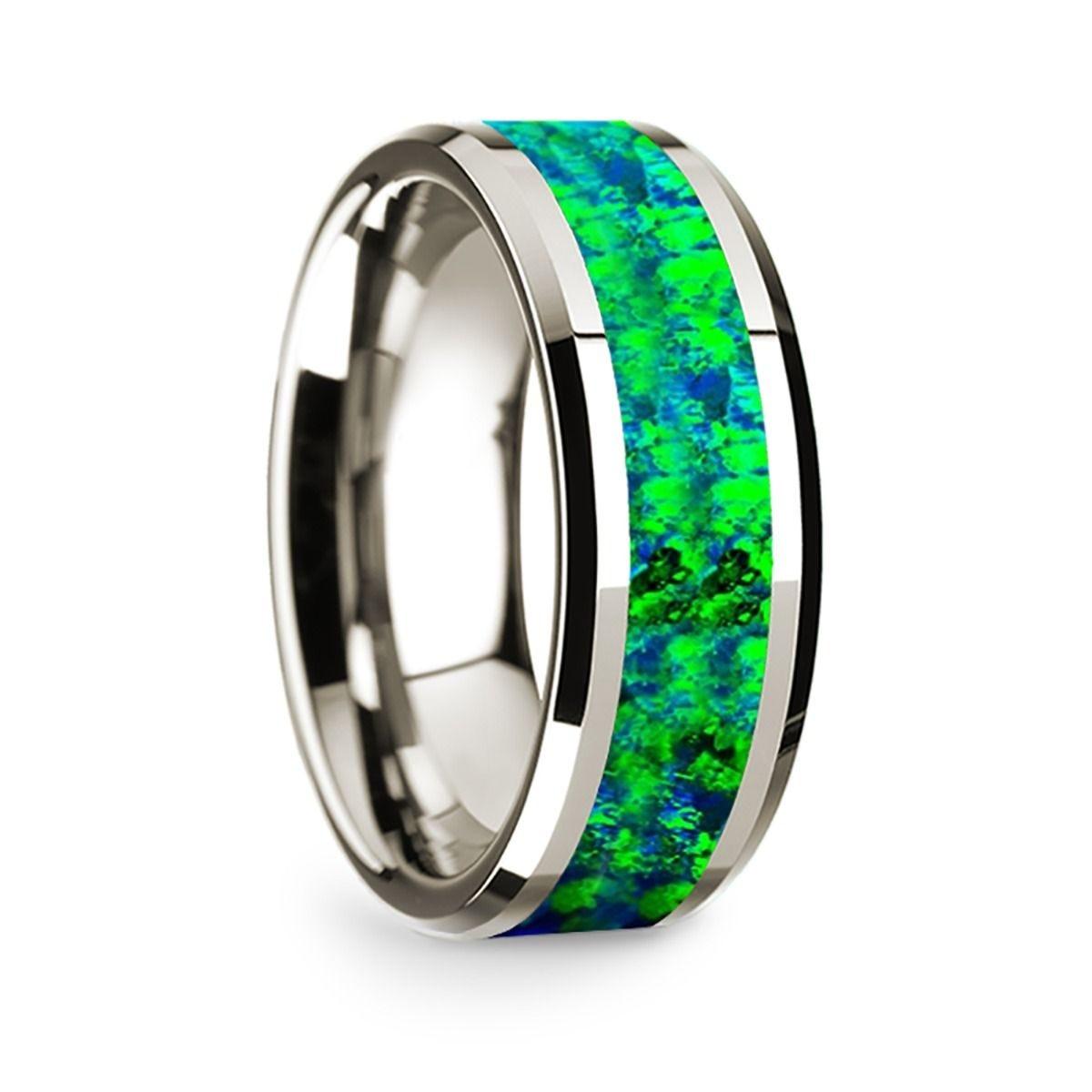 14k White Gold Polished Beveled Edges W/ Blue and Green Opal Inlay - 8mm