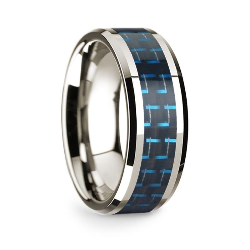 14k White Gold Polished Beveled Edges Black & Blue Carbon Fiber Inlay - 8mm