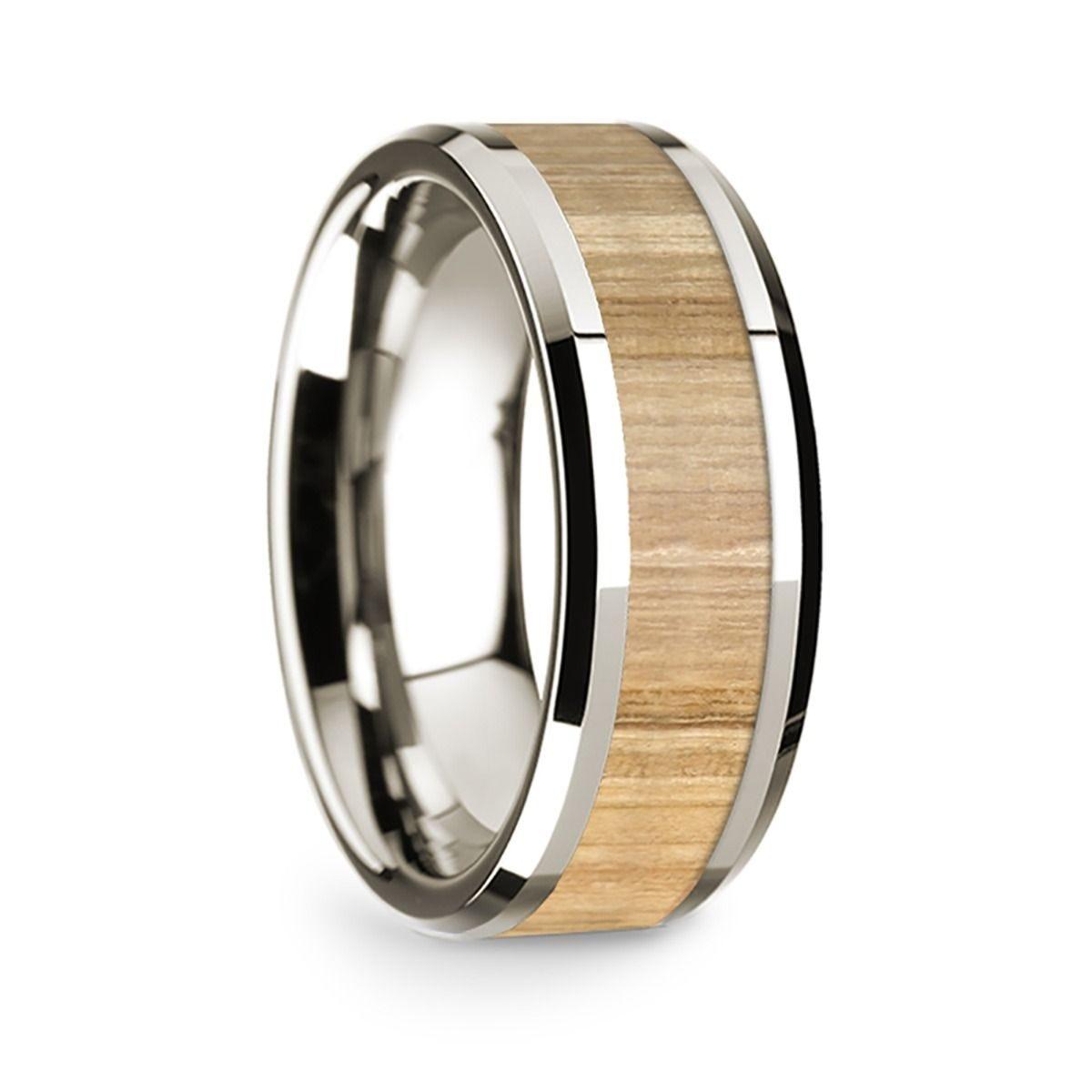 14k White Gold Polished Beveled Edges Wedding Ring W/ Ash Wood Inlay - 8mm