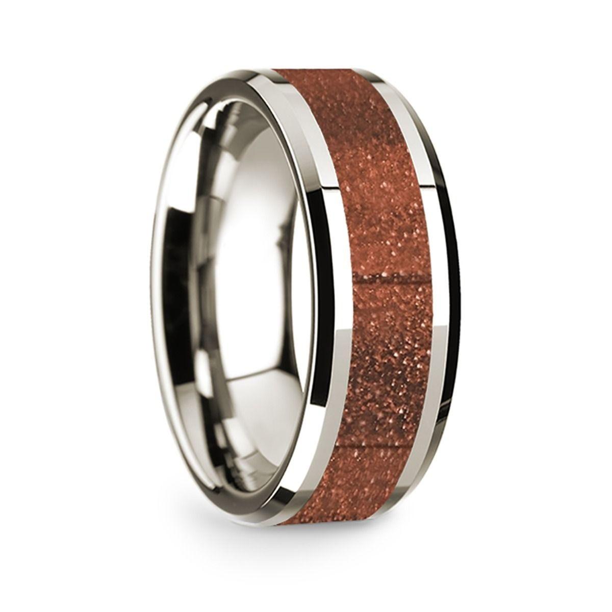14k White Gold Polished Beveled Edges W/ Orange Goldstone Inlay - 8 mm