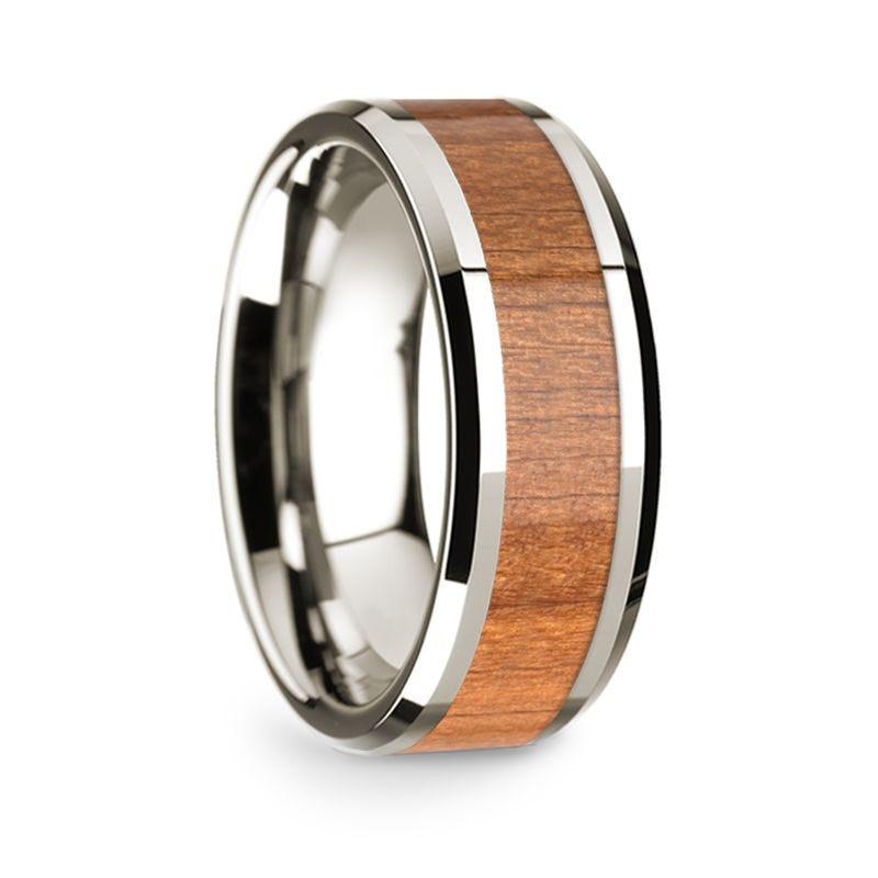 14k White Gold Polished Beveled Edges W/ Sapele Inlay - 8 mm
