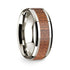 14k White Gold Polished Beveled Edges Wedding Ring with Cherry Wood Inlay - 8 mm