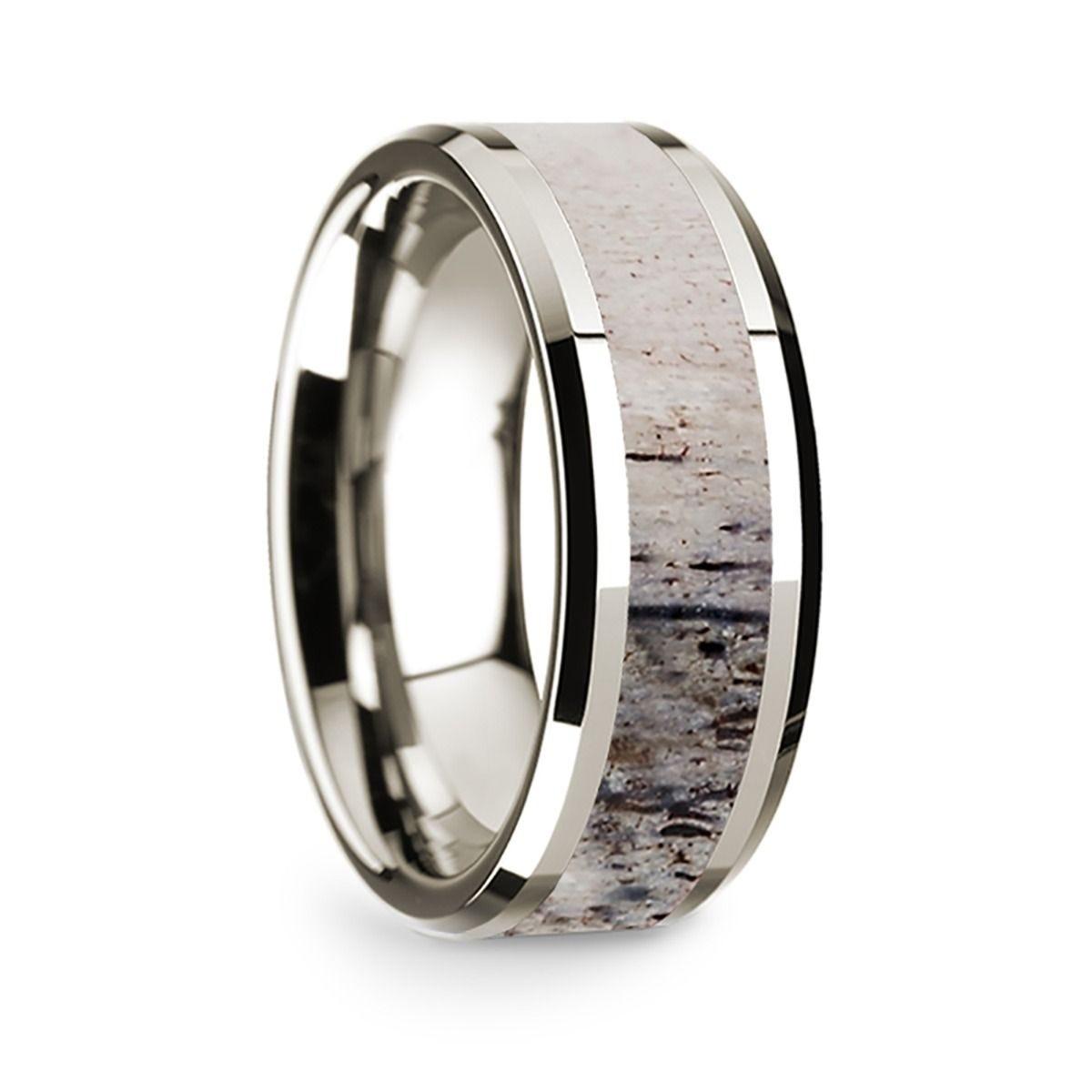 14k White Gold Polished Beveled Edges W/ Ombre Deer Antler Inlay - 8 mm