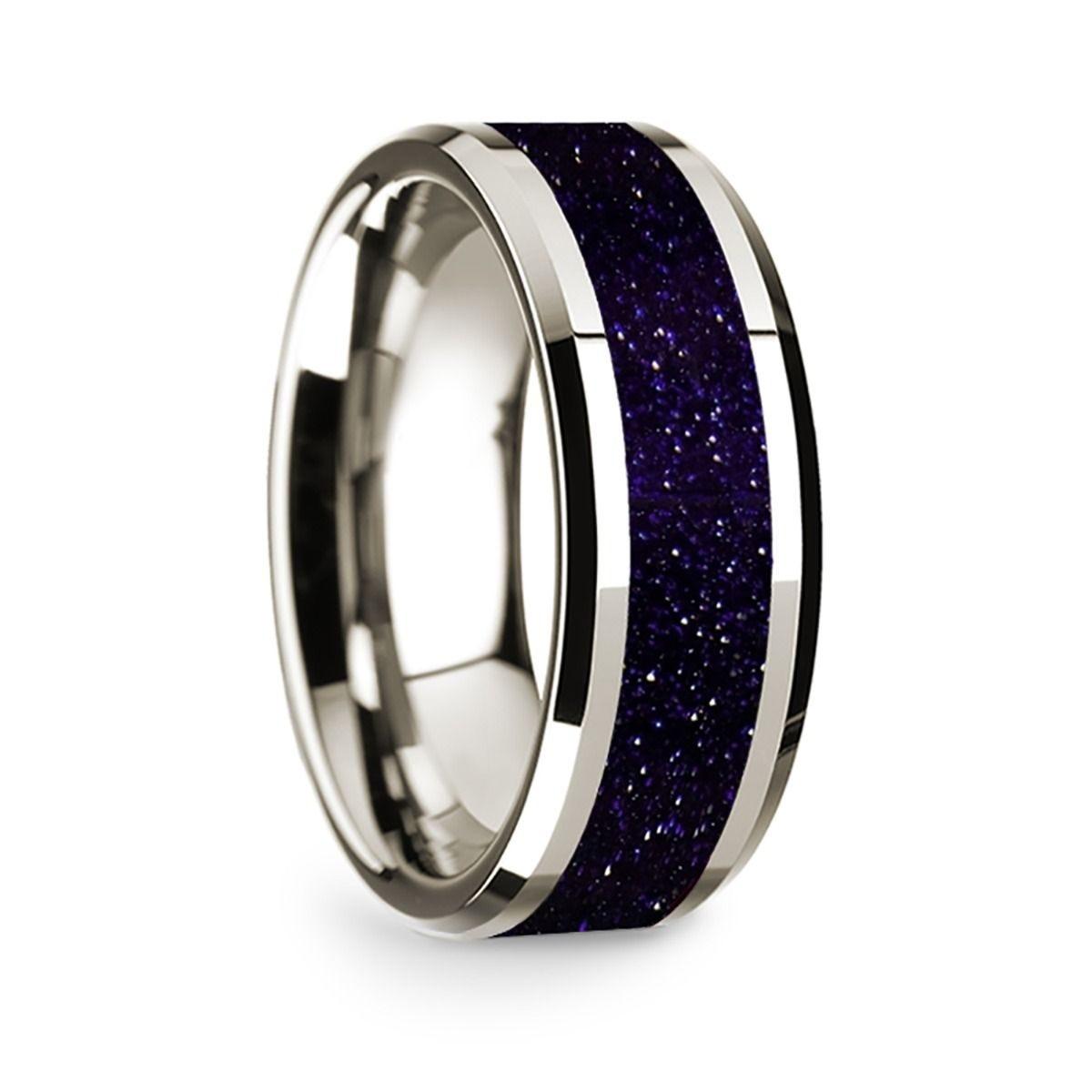 14k White Gold Polished Beveled Edges W/ Purple Goldstone Inlay - 8 mm
