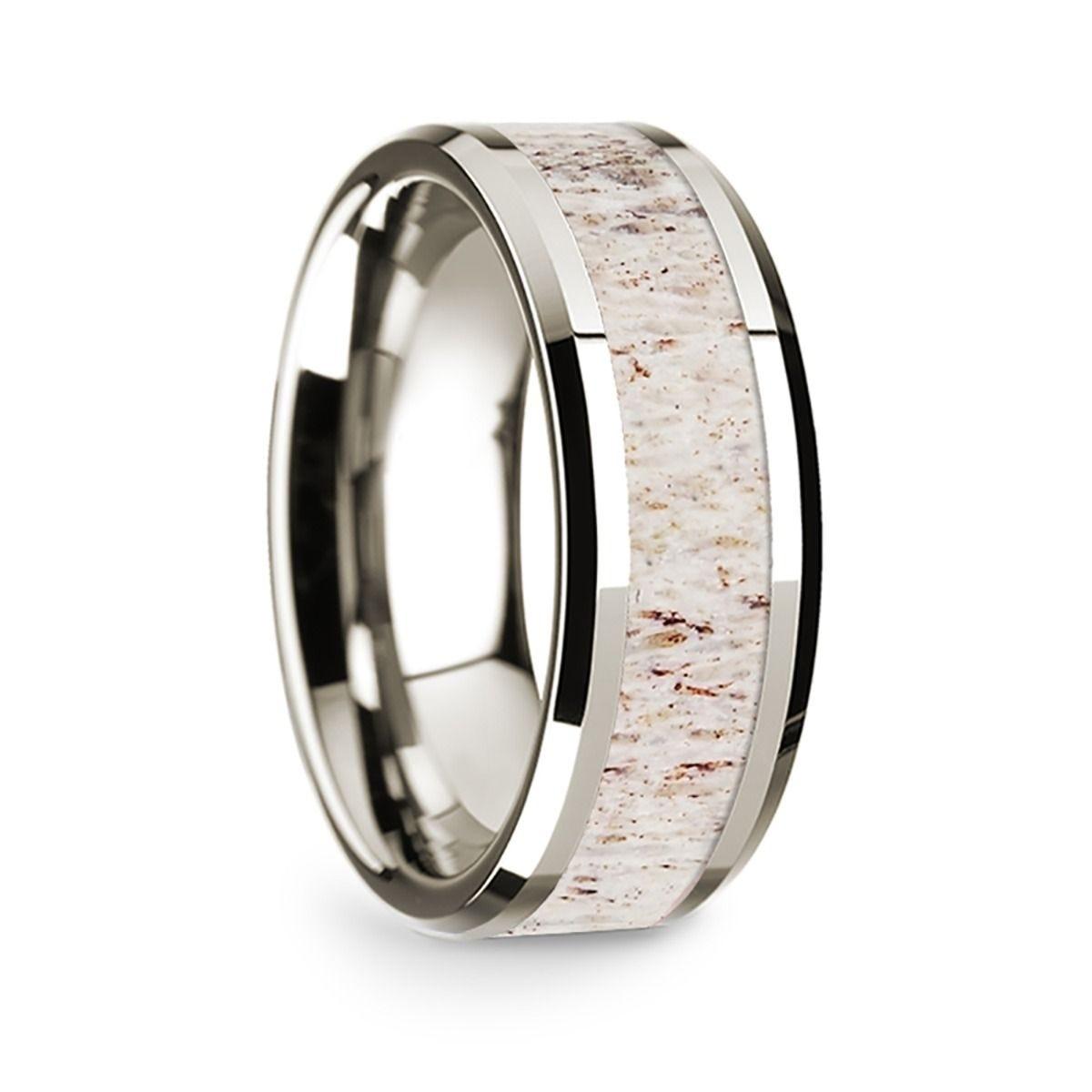 14k White Gold Polished Beveled Edges W/ White Deer Antler Inlay - 8 mm
