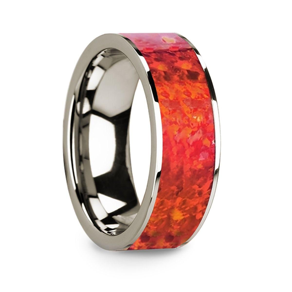 Polished 14k White Gold Men's Flat Wedding Ring with Red Opal Inlay - 8mm
