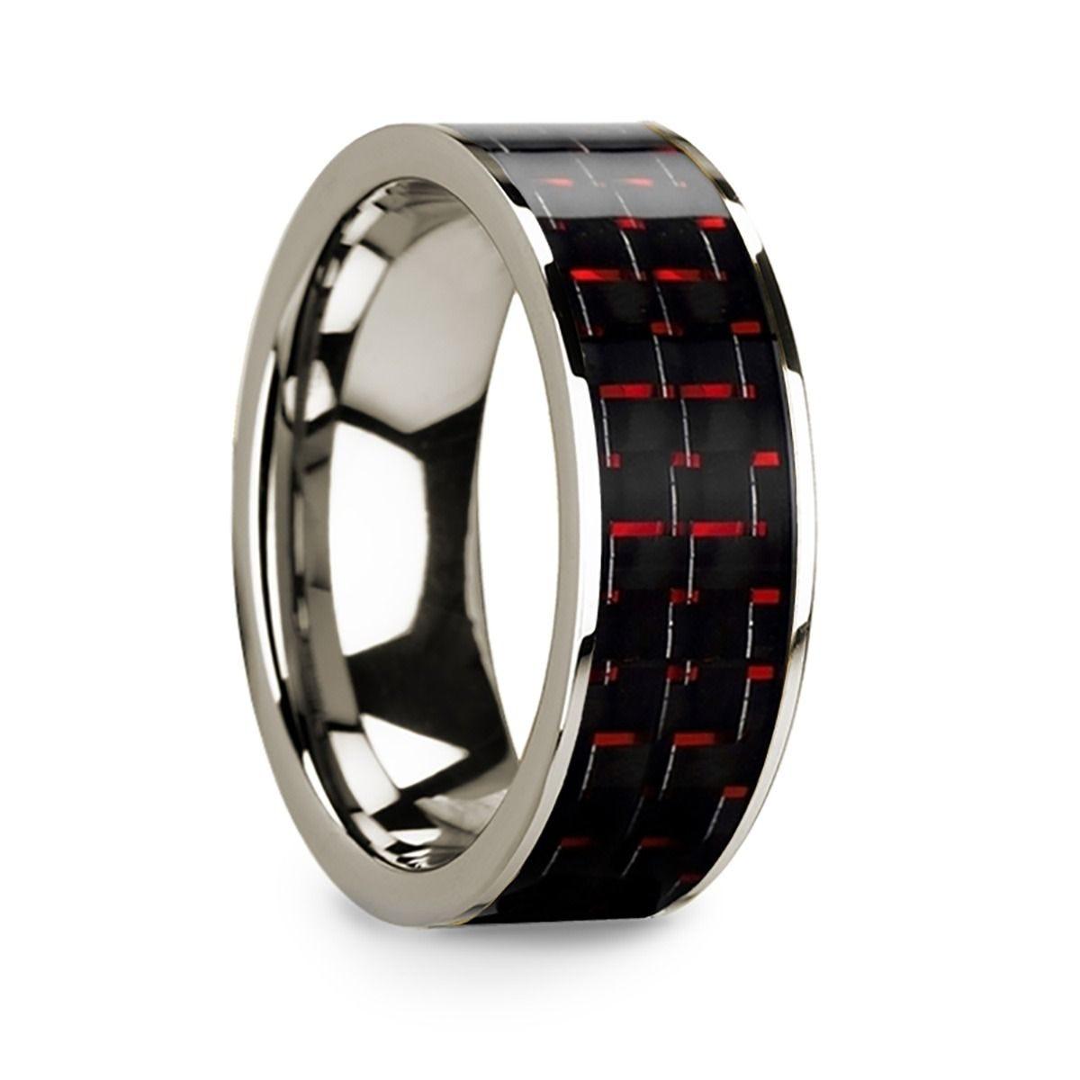Mens 14k White Gold Flat Wedding Band with Black & Red Carbon Fiber - 8mm
