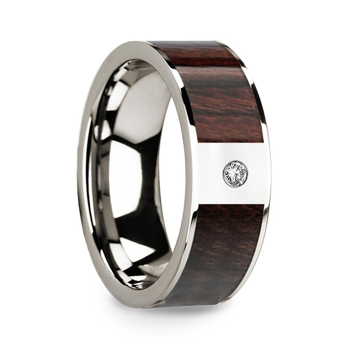 Polished 14k White Gold W/ Bubinga Wood Inlay & Diamond - 8mm