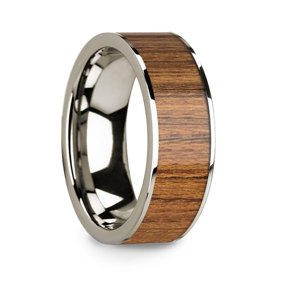 Polished 14k White Gold W/ Teak Wood Inlay - 8mm